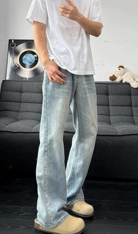 American Street High-Waisted Slim Fit Blue Jean Pants for Men - Spring Vintage Washed Straight Leg