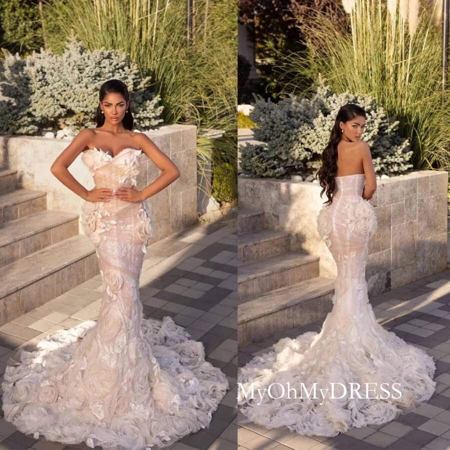 Gorgeous Strapless Mermaid Wedding Dresses 3D Floral Appliques Lace Bridal Gowns Custom Made Sweep Floor Women Bride Wearing Y016