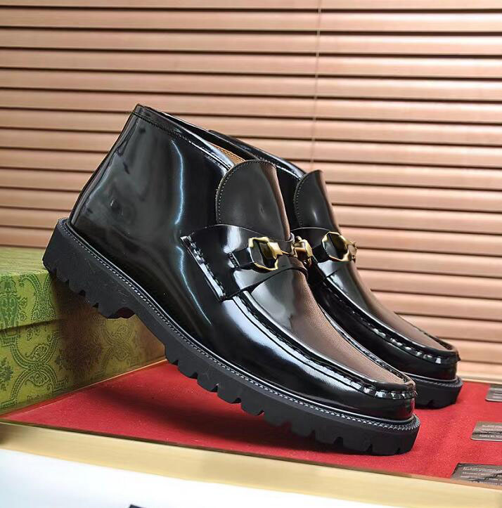 luxury brand Men Black Patent Leather Horsebit Ankle Boots Chunky Lug Sole Short Leather Boots GC-2508
