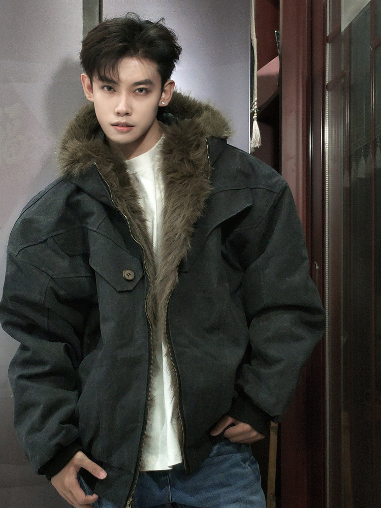 2026 Jacket With Hooded Fur Collar High End Fleece Lined Thickened Men S Cotton Coat