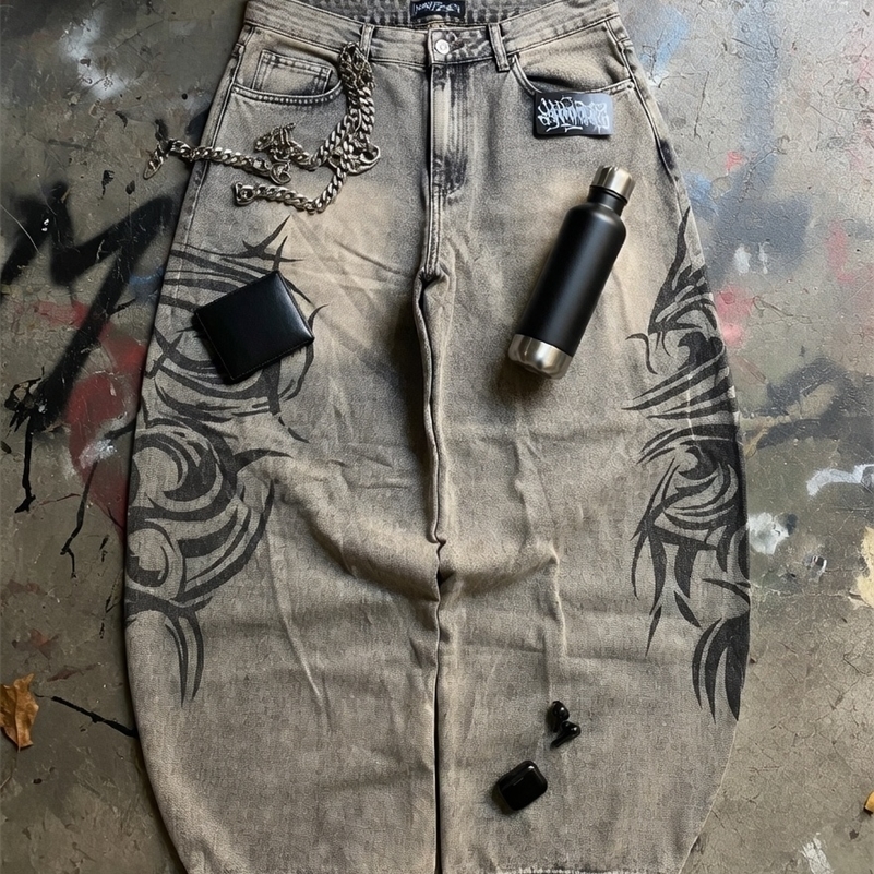 American Retro Streetwear Y2K Gray Printed Loose Jeans Hip Hop Harajuku Casual Washed Distressed Straight Floor Mopping Pants260930ww