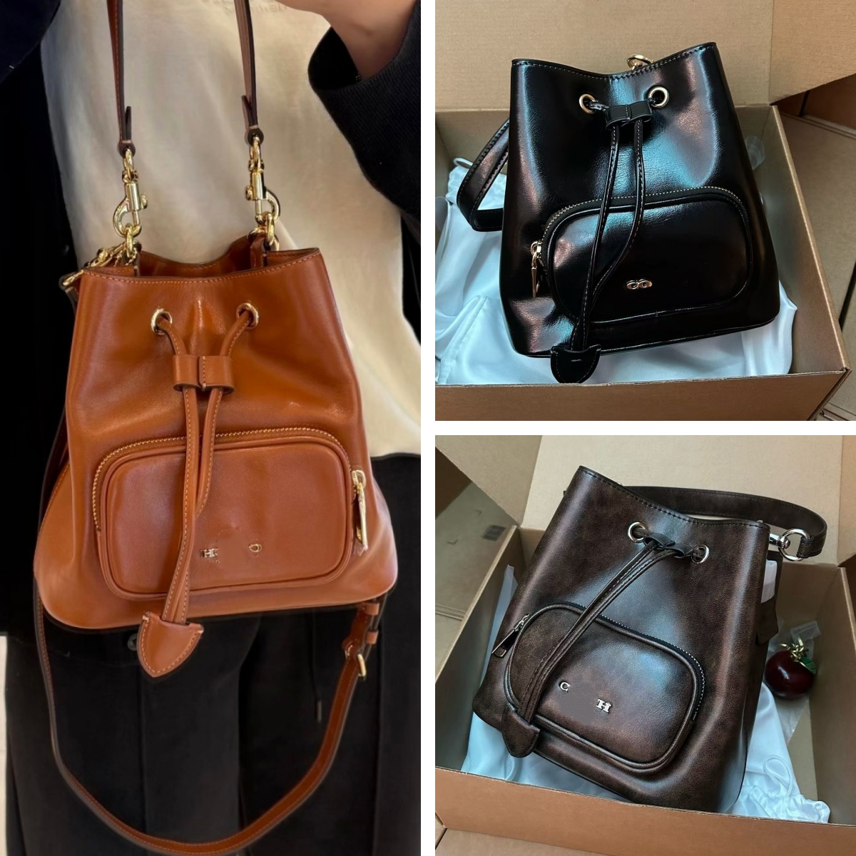 Designer Retro Style Ladies Bucket Handbag Drawstring Closure Glossy Crossbody Bag with External Pocket Large Capacity Casual Shoulder Purse