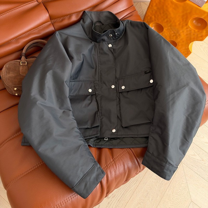 Cropped Padded Jacket For Women Stand Neck Warm Vintage Utility Coat Autumn Winter Commuter Daily Wear Windproof Puffer Overcoat