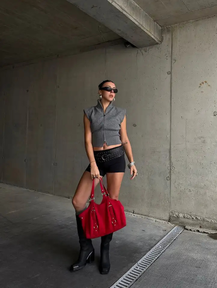 Women Stand Collar Sleeveless Knit Vest Double Zipper Front Shoulder Pad Cropped Slim Fit Casual Basic Knitted Waistcoat Outfit 261019