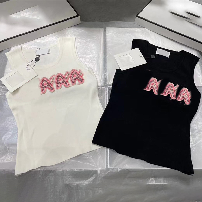 Designer Women Beads Trim Vest Athleisure Crew Neck Sleeveless Chic Tank Summer Party Club Travel Sexy Top