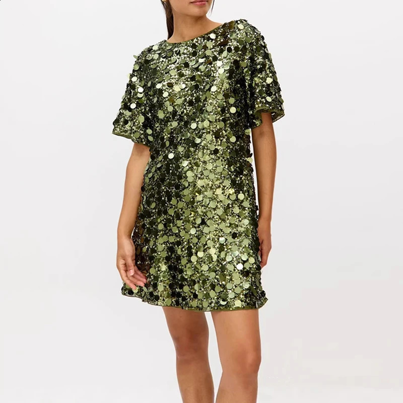 Women Glitter Sequin Sparkly Mini Dresses Fashion Round Neck Short Sleeve Loose Shift Dress Elegant Cocktail Party Evening Dress 261015