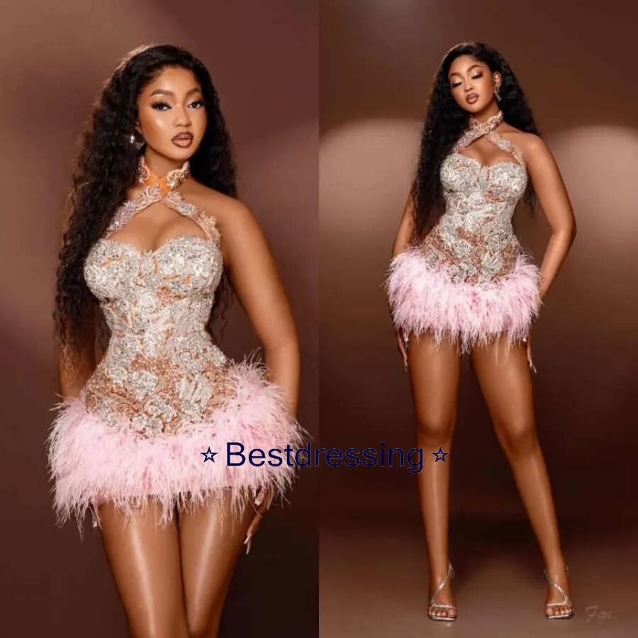 Mini Cocktail Party Prom Dresses Halter Illusion Feather Mermaid Night Gowns Arabic Birthday Evening Dress Customized Bd017