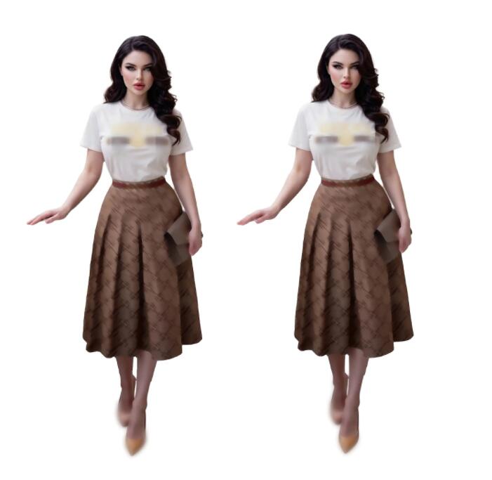 designer Tracksuit Luxury brand women's Two Piece Dress round neck embroidered short sleeved T-shirt+high waist pleated mid length casual Dress