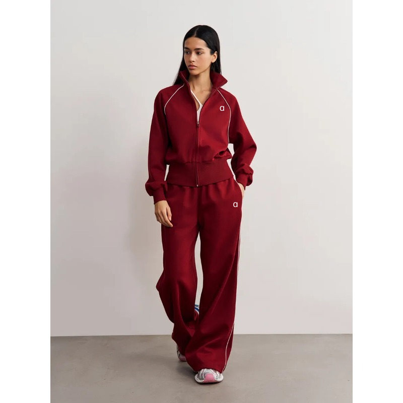 25093 Designer Women Striped Trim Zip Up Cropped Jacket Wide Leg Pants Two Piece Tracksuit Outfit Autumn
