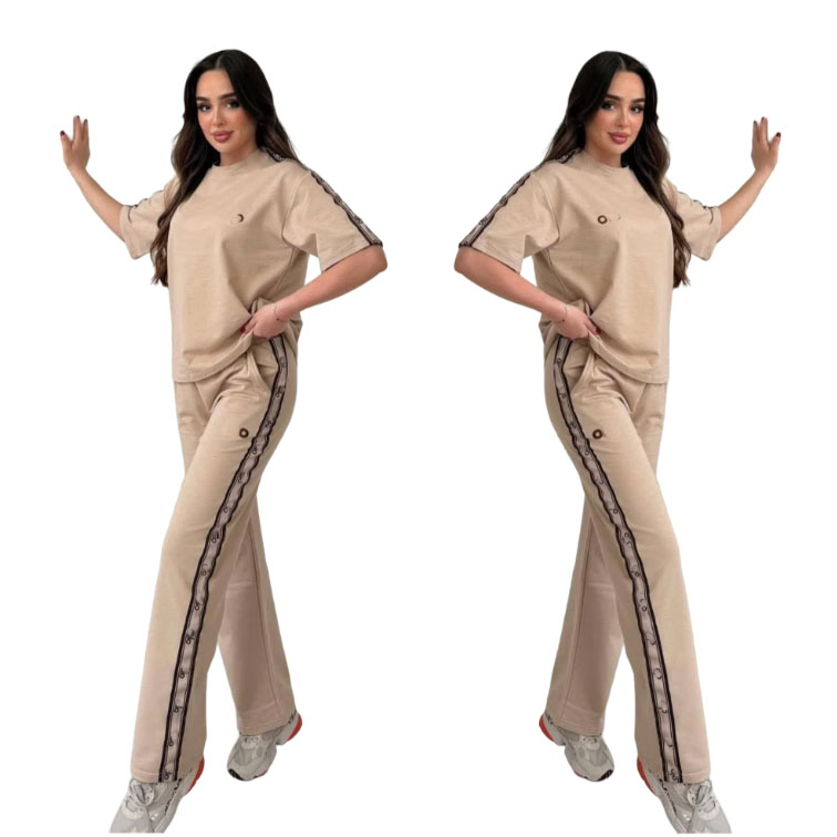 Casual women's patchwork Tracksuits embroidered round neck short sleeve T-shirt high waist wide leg pants sports two-piece set joggingsuit
