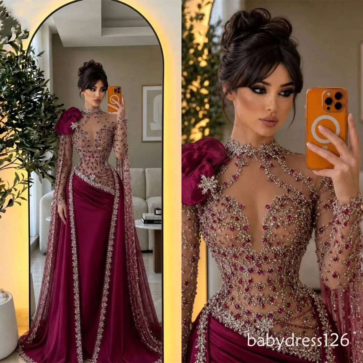 Charming Mermaid Prom Dress Crystal Beaded High Neck Evening Dresses Exquisite Lone Sleeve Floor Length Party Gowns Customized