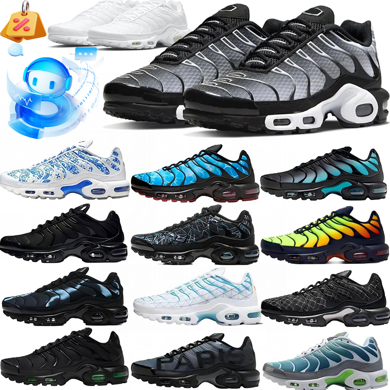 Designer Plus size Running shoes Men tn White Cushion Sneakers Wave Texture Retro Breathable Mesh Lining Casual Street Footwear Trendy Urban Style S