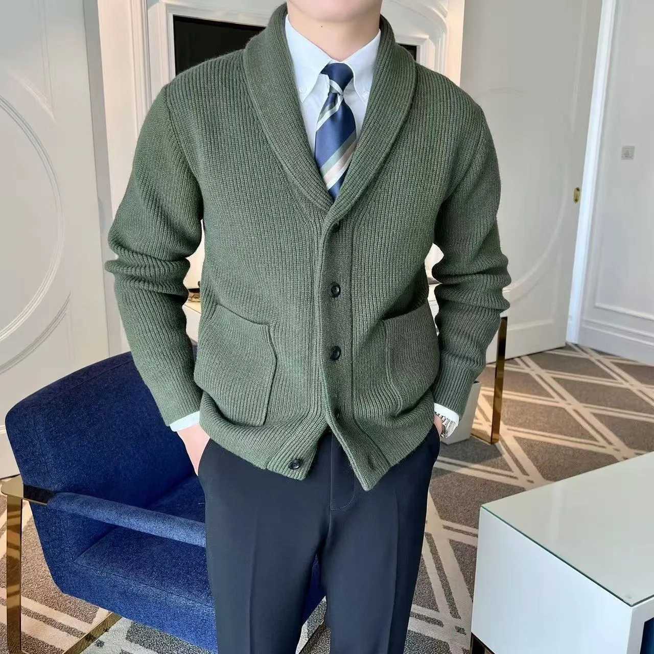 grn winter Autumn fruit and collar cardigan men's retro slim fit light mature business knit sweater popular sweater j M261016