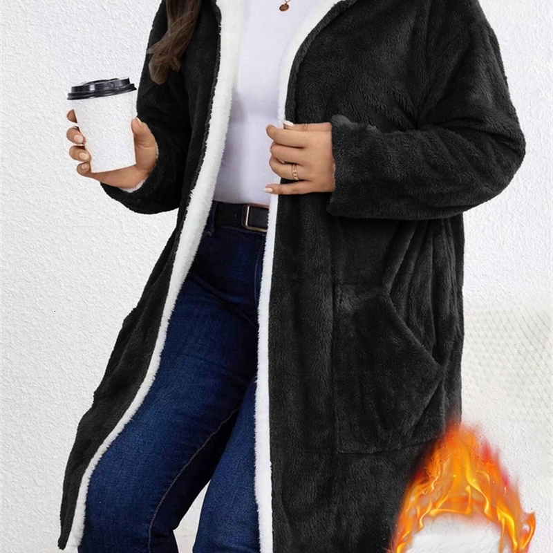Women Fuzzy Fleece Lined Hooded Long Open Cardigan Warm Sherpa Trim Mid Length Coat With Side Pockets Loose Winter Outerwear y260929