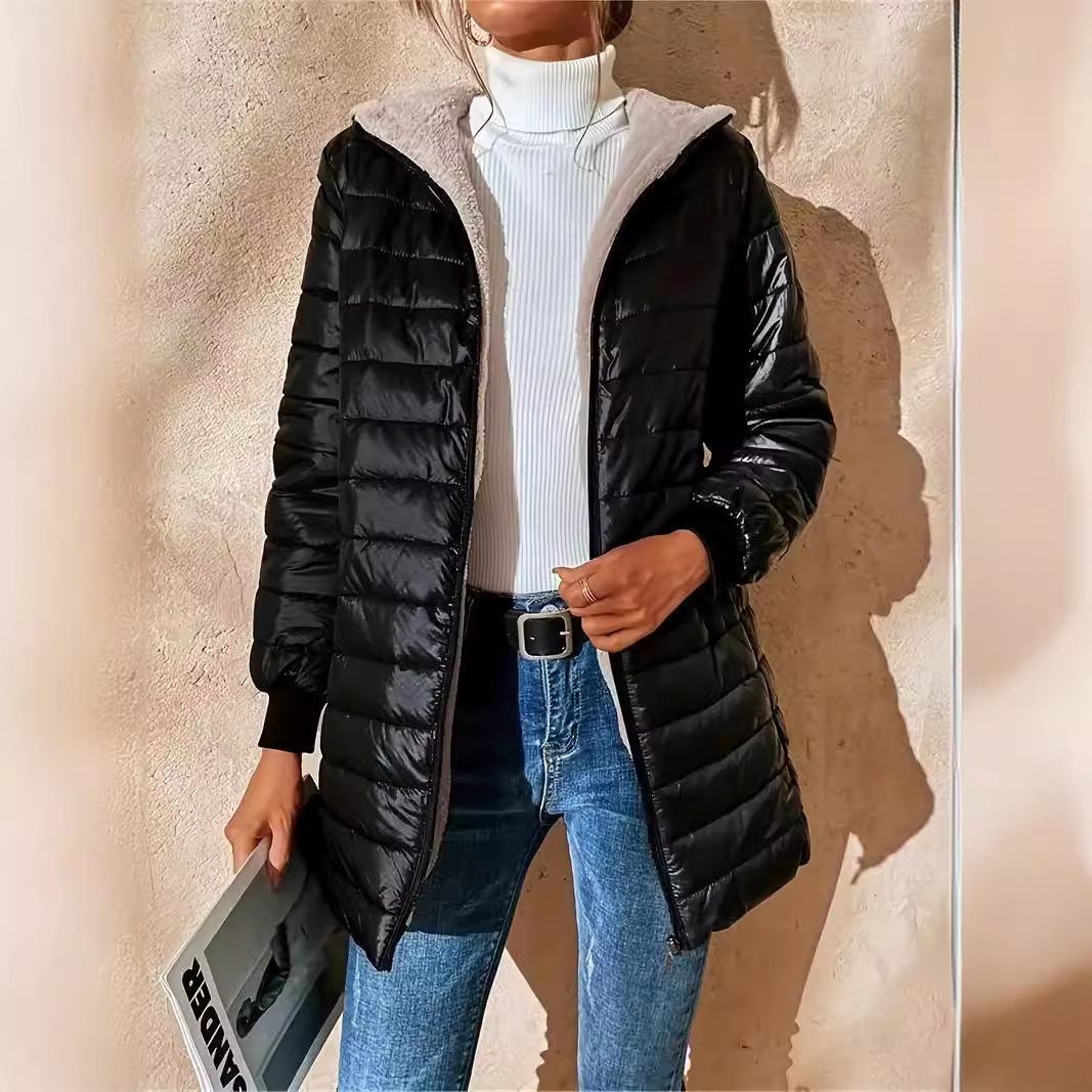 Women 2026 Autumn Winter New Hooded Slim Fleece Lined Cotton Coat Warm Sherpa Lined Mid Length Jacket Outerwear