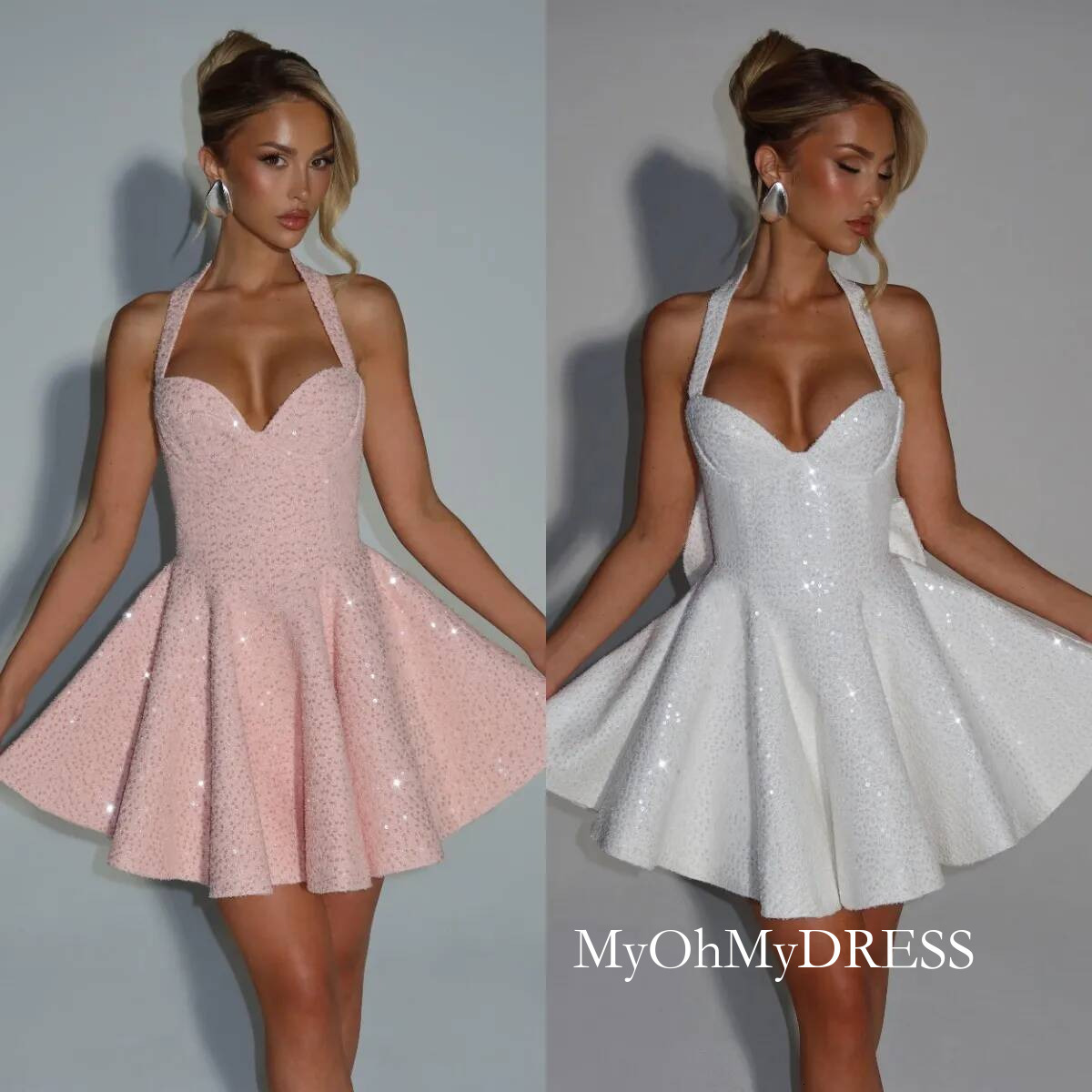 Short A Line Homecoming Dresses Halter Sequins Crystal With Detachable Bow Graduation Party Gowns Women Cocktail Prom Dress Customized Y016