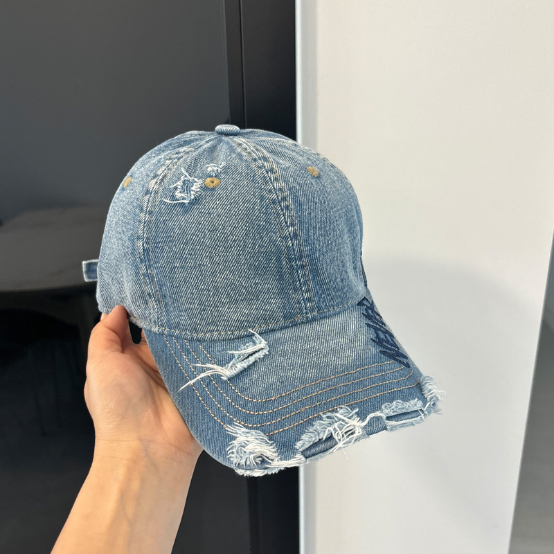 Letter Embroidery Washed Denim Baseball For Women American Retro Distressed Duckbill Cap Soft Top Large Head Circumference Hat Luxury Cap Brand Desi