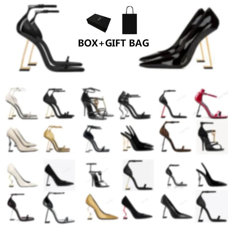 Designer High heels 8cm 10cm womens Dress shoes Open Toe Stiletto Pumps Elegant black Leather Metal Letters wedding Office Party Lady Sandals with b
