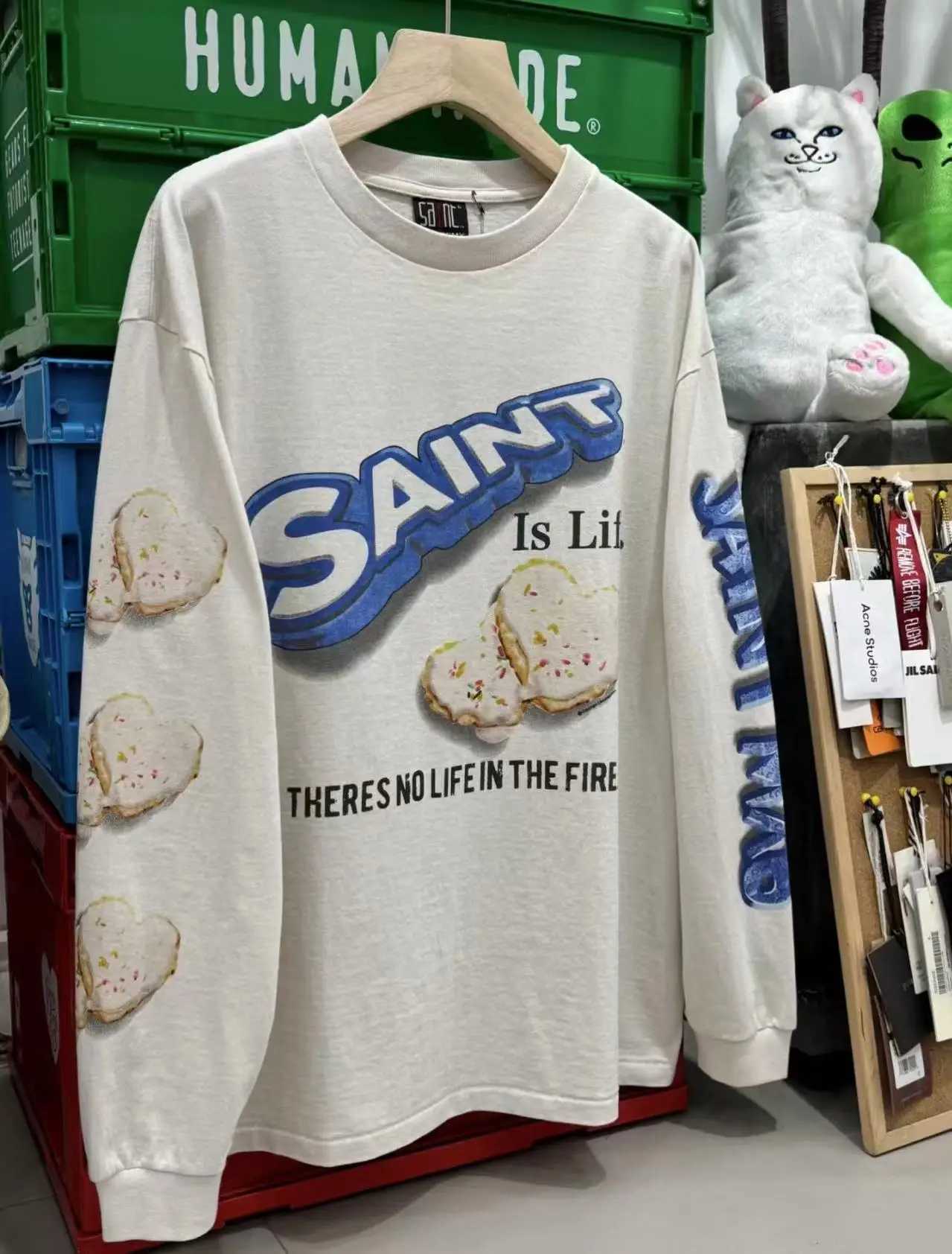 Oversized SAINT Japan Style Tee Printed Long Sleeve Washed T-shirts Men Women Round Neck Loose High Quality Tops T261019