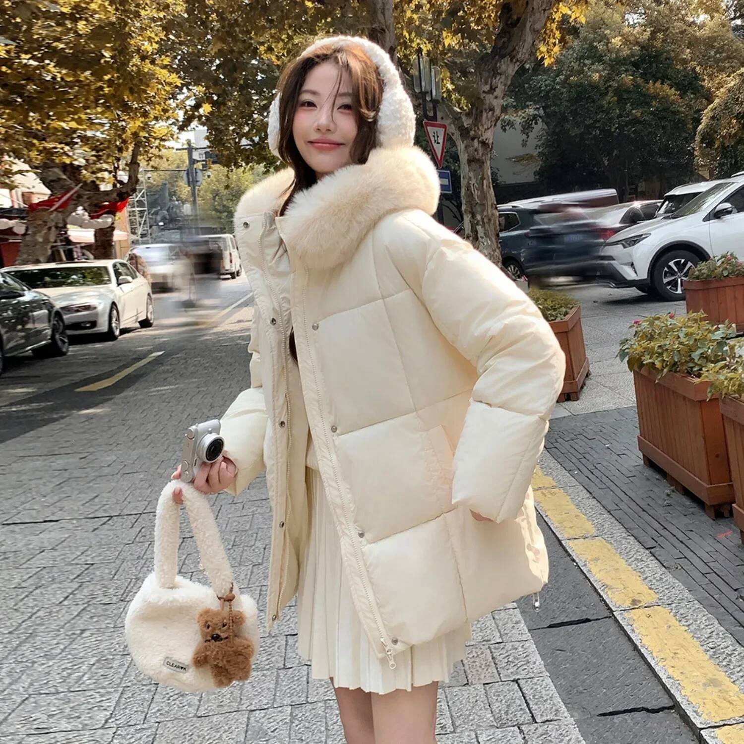 Women Puffer Down Jacket Coat 2026 Women's Fur Hooded Thick Parkas Zipper Button Loose Warm Coats Autumn Winter Casual Solid Jackets Pockets El