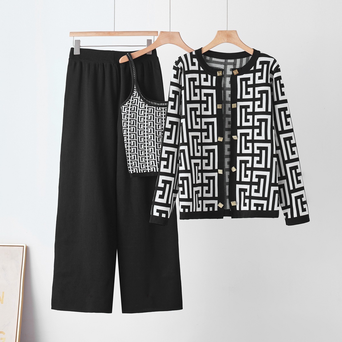 Womens Three Piece Knitted Set With Shawl Jacket V Neck Top And Wide Leg Pants Long Sleeve Winter Warm Outfit For Women Geometric Print European Sty
