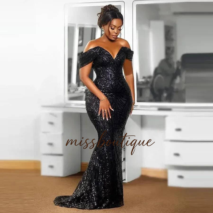 Sequins Mermaid Prom Dresses For African Women Off The Shoulder Shine Evening Dress Girls Birthday Gowns Size Customized Vestido De Novia Q019