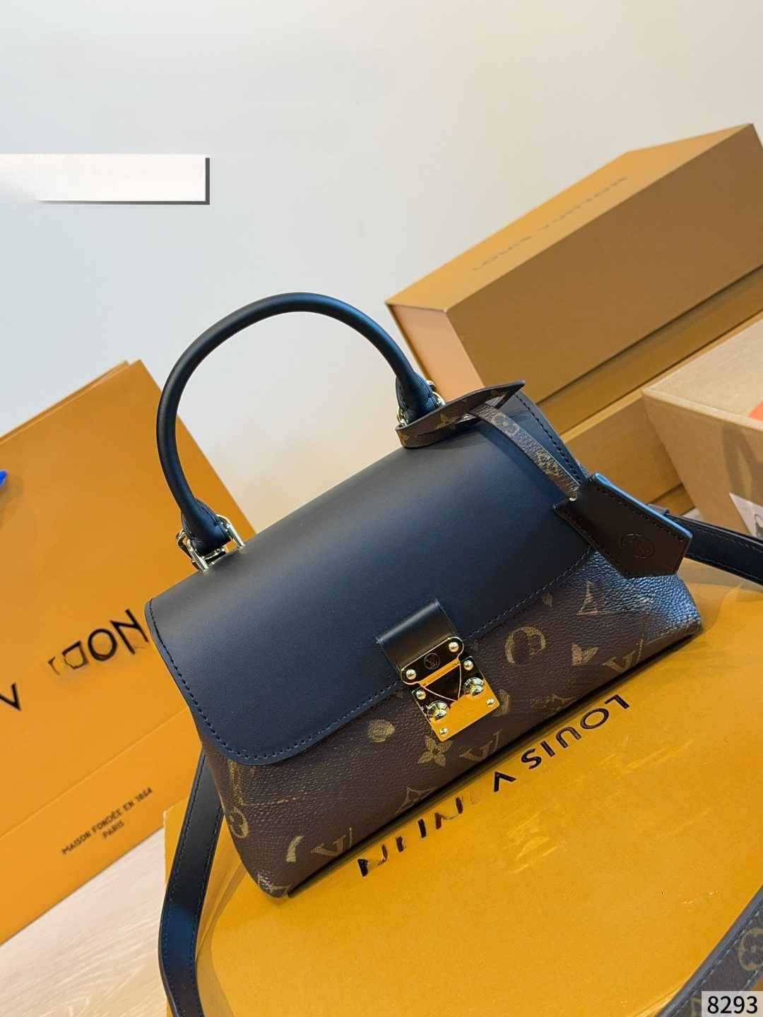 Designer Women Vintage Monogram Print Top Handle Satchel Bag, Color Block Leather Flip Handbag, Gold Lock Hardware Detachable Strap Crossbody Purse