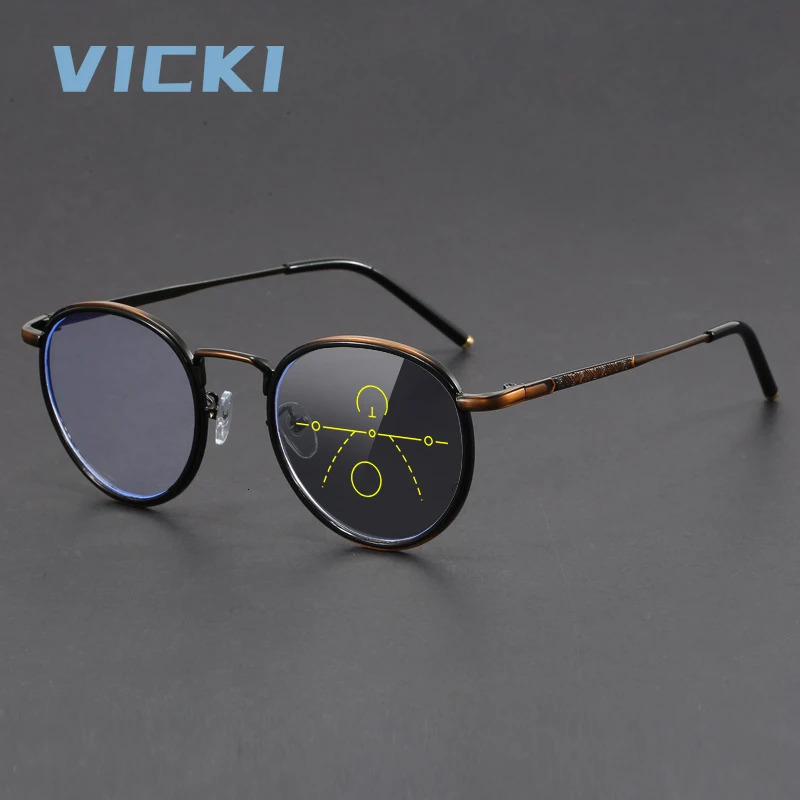 VICKI Retro Men's and Women's Round Glasses Pochromic Anti-blue Light Customizable Prescription Multifocal Glasses 1043261019