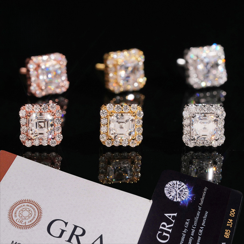 S925 sterling silver square moissanite earrings with GRA certificate, screw-back design, hip-hop style, , for sales