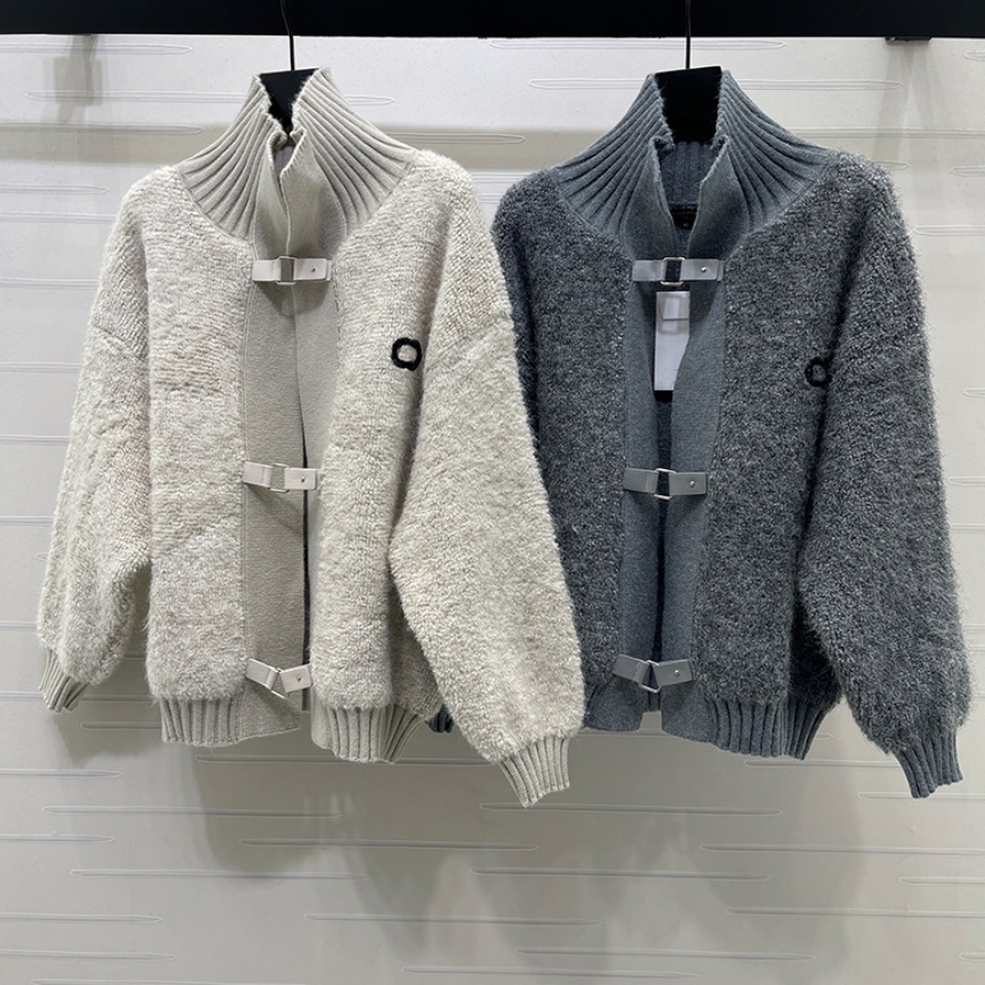 Designer Fuzzy Knit Cardigan For Women Luxury Thick Warm Classic Sweater Coats Winter Outdoor Brand Stand Collar Knit Jackets