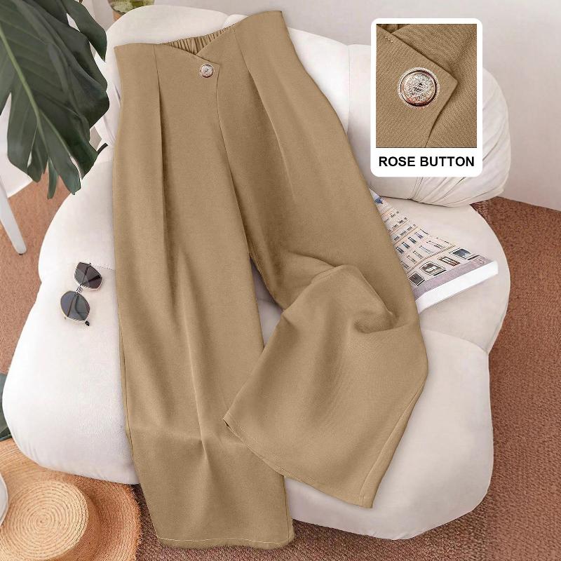 Pantalon à jambes larges pour femmes, noir uni, taille haute, Design, simple, orné de boutons roses, détail, décontracté, longueur au sol, robe