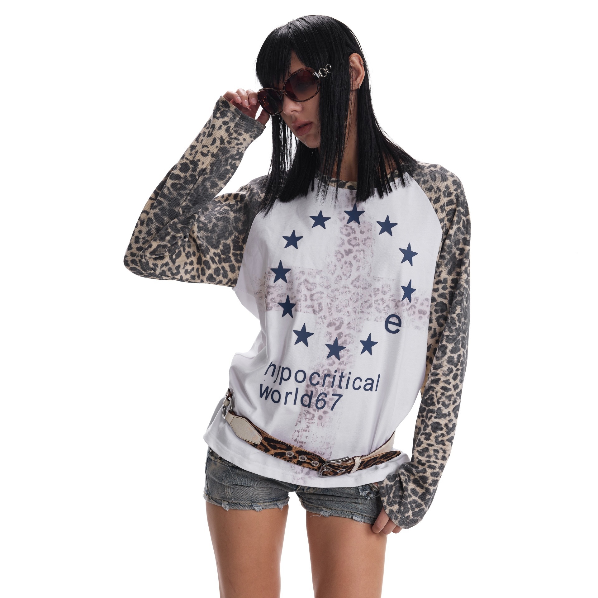High-End Fashion Daily Luxury Clothing 2026 New No E (Noe) Leopard Print Raglan Color-Blocked Slogan Font Fitted Subculture Long Sleeve