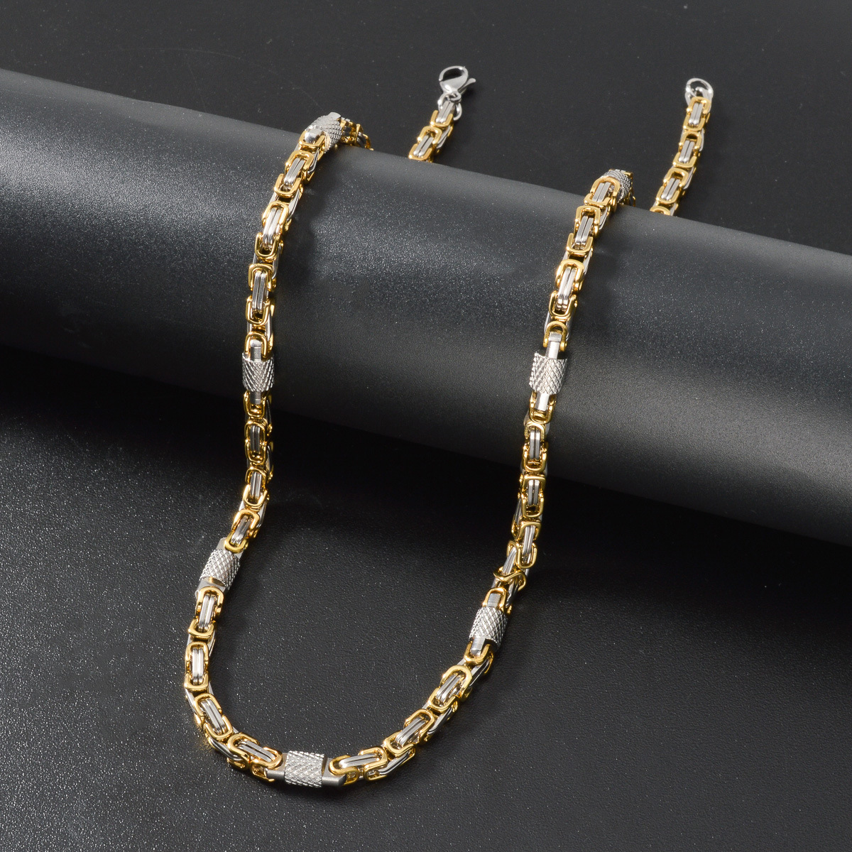 European American two-tone Byzantine NK imperial chain, featuring round beads linear designs, a fashionable and trendy 18K stainless steel necklace