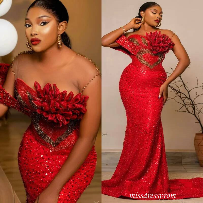 Plus Size Red Prom Dress Evening Dresses Sheer Neck Illusion Pearls Crystal Beaded Sequined Lace Formal For Nigeria Black Women Birthday Gowns Am314