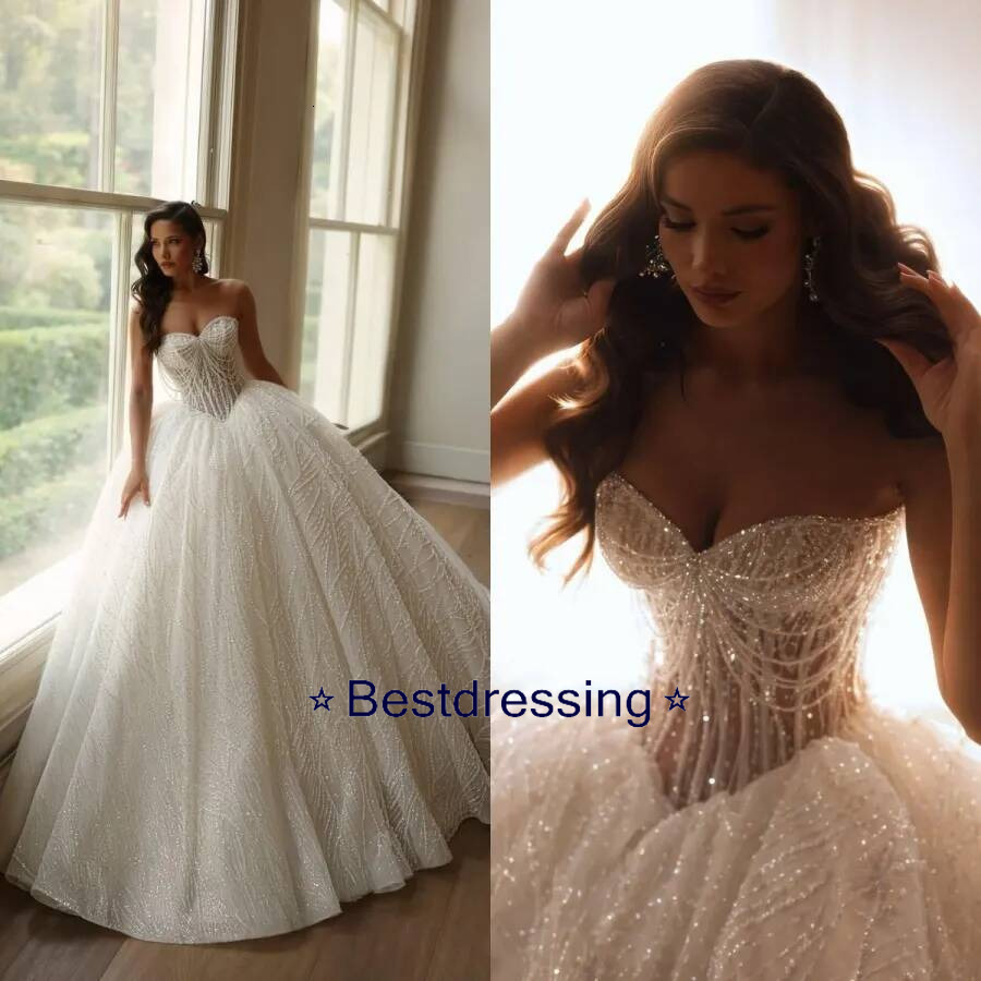 Strapless Ball Gown Wedding Dresses Gorgeous Crystal Beaded Sweep Train Bride Dress Custom Made Formal Women Bridal Gowns Bd017