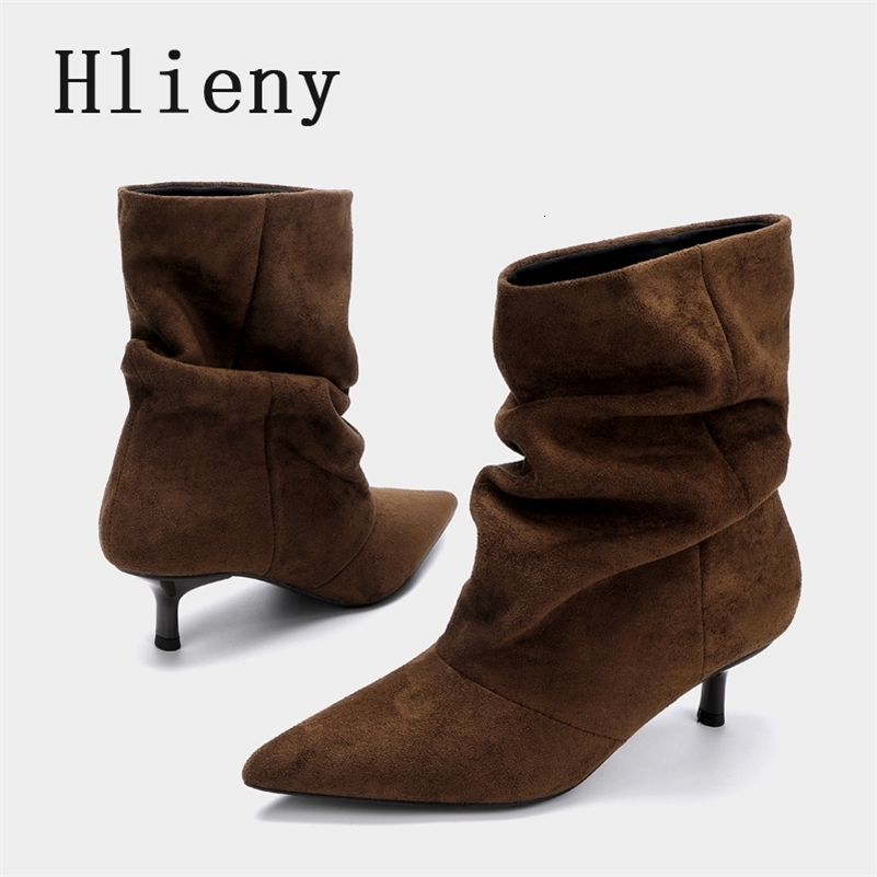 Liyke Brown Retro Elegant er Ankle Boots Women Fashion Pleated Suede Autumn Winter Low Thin Heels Party Prom Chelsea Shoes 260928