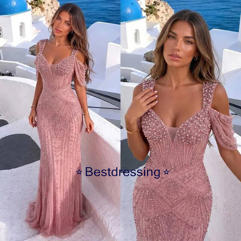 Sexy Cocktail Evening Dress Mermaid Pearls Beads Night Prom Gowns Arabic Birthday Dresses Customized Bd017
