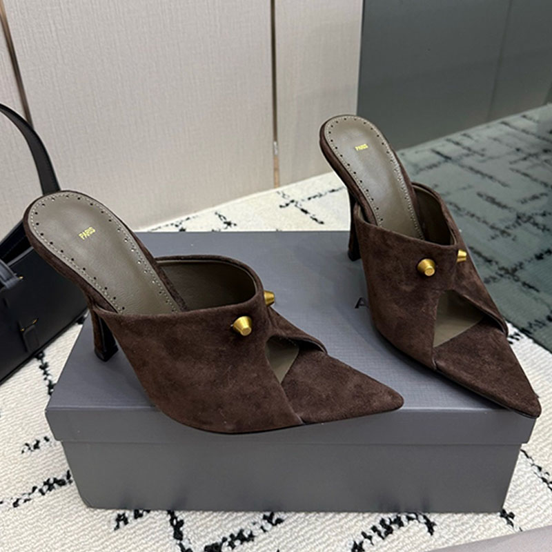 Womens brown Midnight City Mule gold City studs Suede goatskin Ladies sexy mules Unique Deep low cut vamp Open toe Stiletto Heel mules