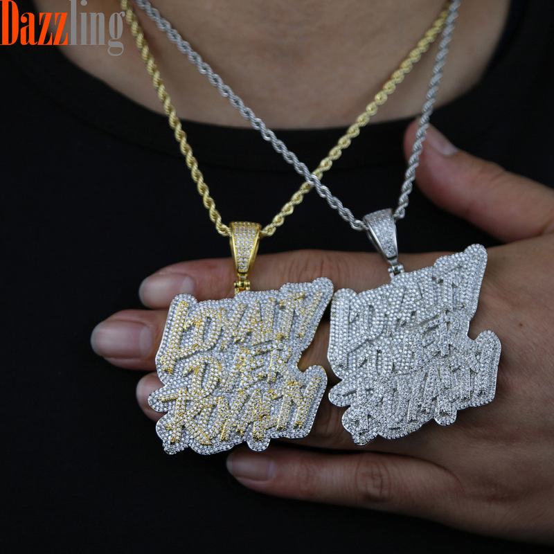 European and American English letter "Loyalty Over Royalty" full of diamonds, unisex hip-hop pendant, trendy 925 Sterling Silver Ice with