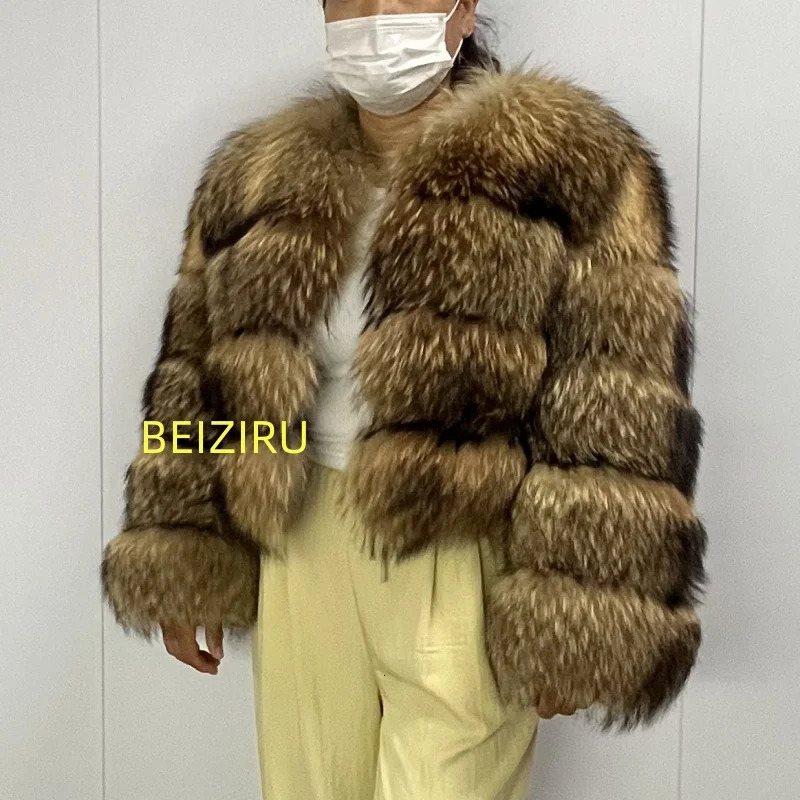 BEIZIRU Womens Raccoon Fur Coat Winter Long Sleeve Hooded Jacket with Turndown Collar Natural Thick Top 261019