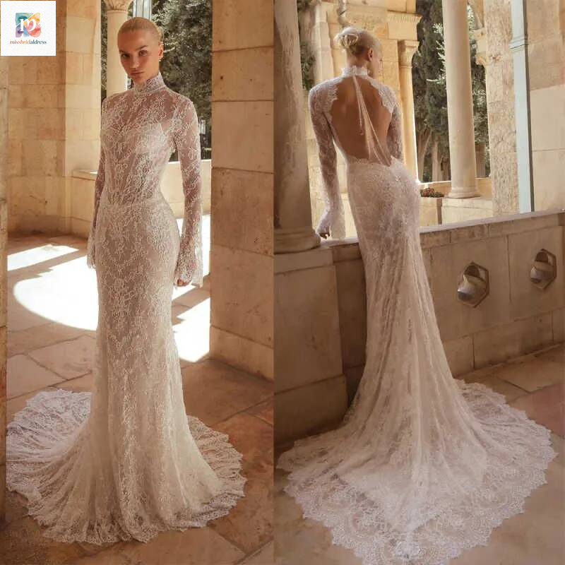 Illusion Mermaid Wedding Dresses High Neck Long Sleeve Lace Appliques Bridal Gowns Customized Sexy Open Back Bride Dress Mb017