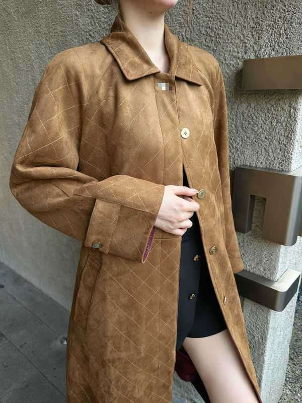 designer Women's Leather & Faux Leather Autumn Collection: Women Mid-Length Quilted Suede Leather Jacket with Diamond Pattern, Turn-Down Collar