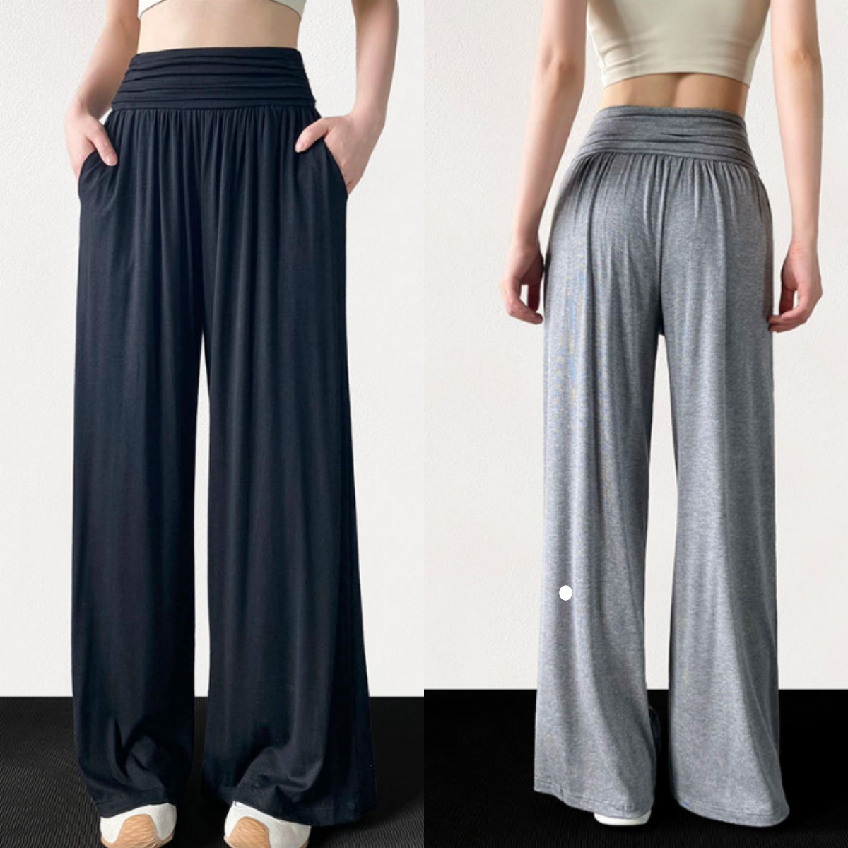 L6703 Black Women's Athletic Pants Outerwear Ice Silk Flowing Drape High-Waisted Loose-Fitting Slimming Athletic-Casual Style Wide-Leg Pants