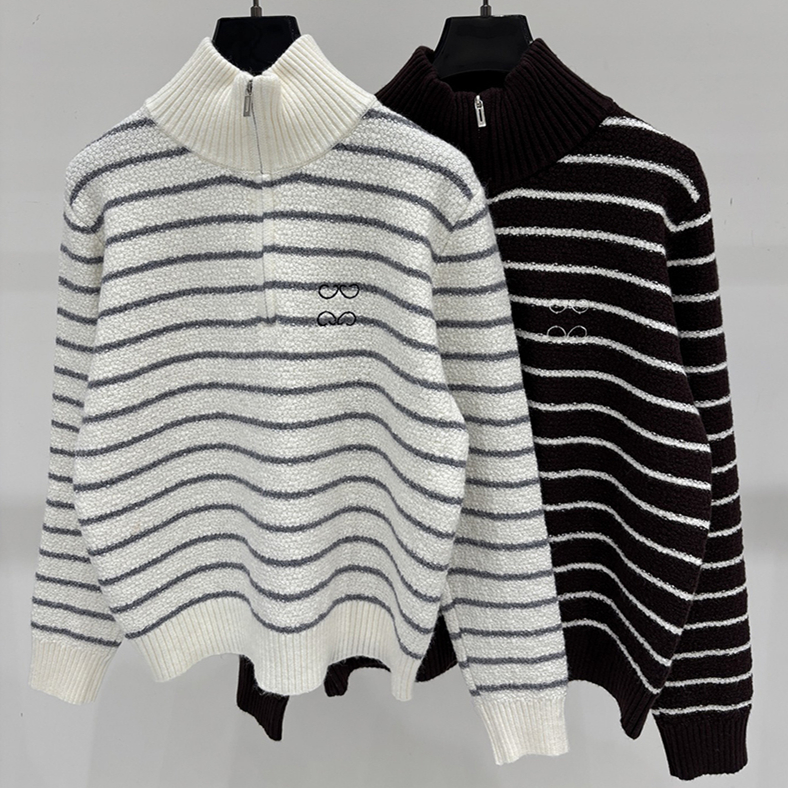 Retro Striped Knit Jacket Stand Collar Long Sleeve Zipper Up Rib Trim Embroidery Outwear Autumn Warm Casual Daily Commute Weekend Versatile Sweater