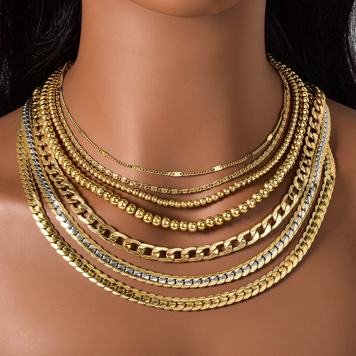 Stainless steel European American style layered necklace, Cuban link round bead wave chain, simple and versatile, suitable for wholesale