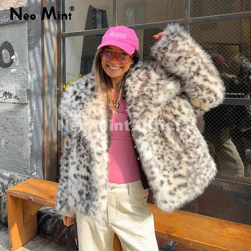 Neo Mint Vintage Classic Leopard Big Fur Collar Jacket Women Winter Fashion Furry Faux Fox Fur Coats Chic Girls Streetwear 261019