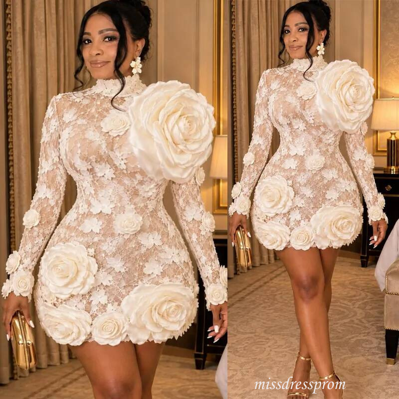 Plus Size Ivory Cocktail For Women Short Prom Dresses Illusion Sheer Neck Flora Homecoming Crystal Pearls Pleated Beaded Lace Birthday Dress C554