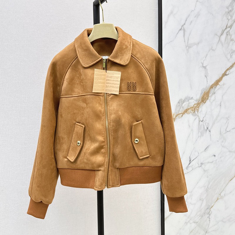Faux Suede Cropped Jacket For Women Vintage Lapel Neck Zipper Bomber Coat Autumn Winter Street Style Casual Long Sleeve Outerwear