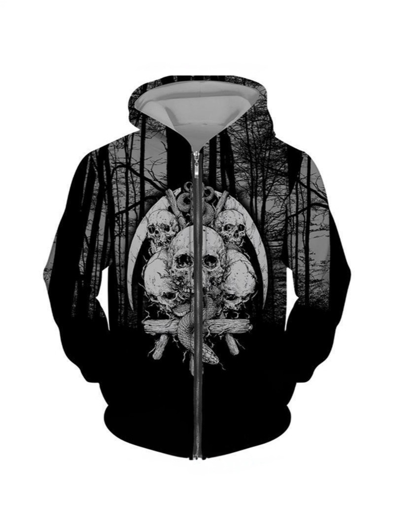 2026 Spring New Collection, Fashionable Oversized Men's Sportswear, Devil Skull 3D Digital Print, Hooded Zipper Jacket Windproof and Warm Jacke