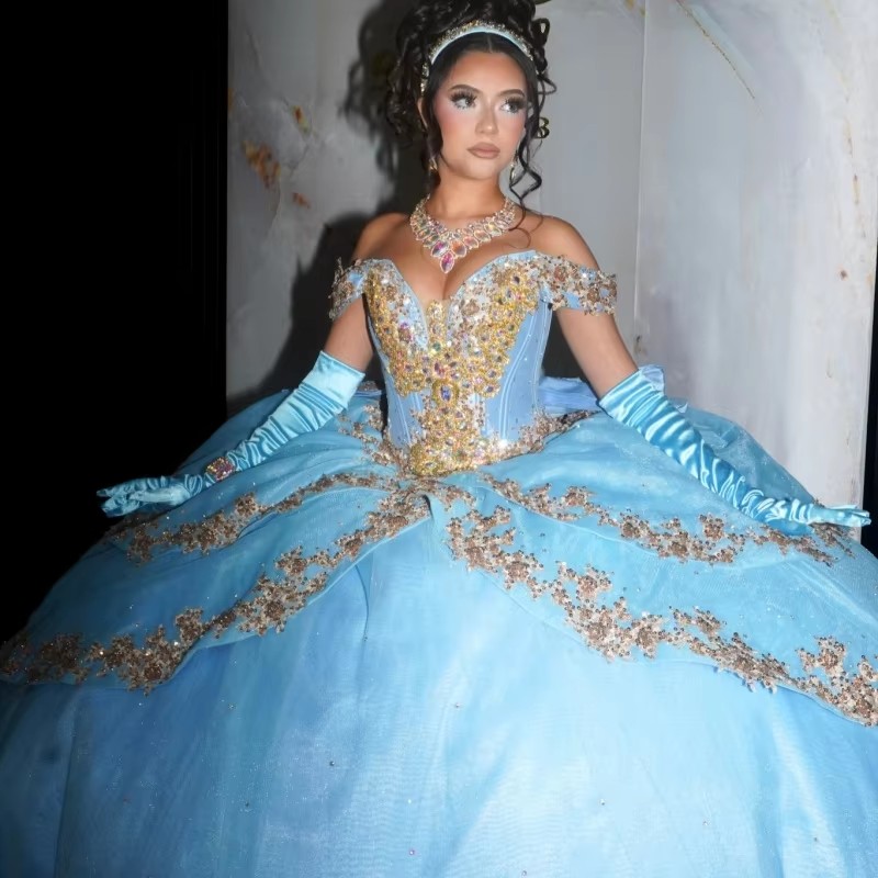 Blue Glitter Quinceanera Dresses Off Shoulder Ball Gown Sweet 16 Dress Gold Applique Lace Beading Crystal Bow Tull Long Tail Party Birthday vestidos